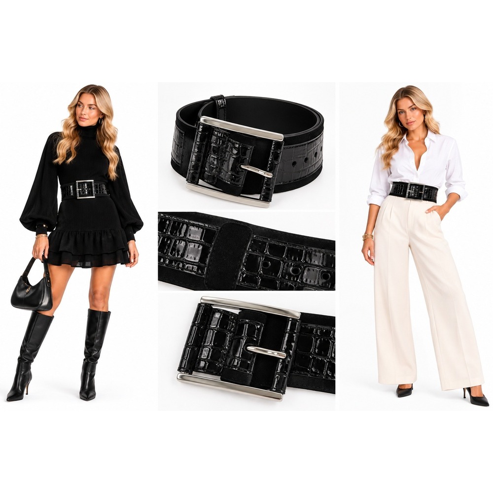 WHBM S Black Faux Croc Suede Wide Belt Oversized Silver Buckle Y2K Statement